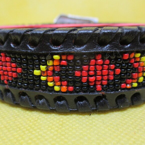 Seed Bead Black Genuine Leather Belt Silver Tone Buckle South Western Bead Bel5 - Picture 2 of 9